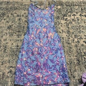 Windsor blue pattern dress with corset back
